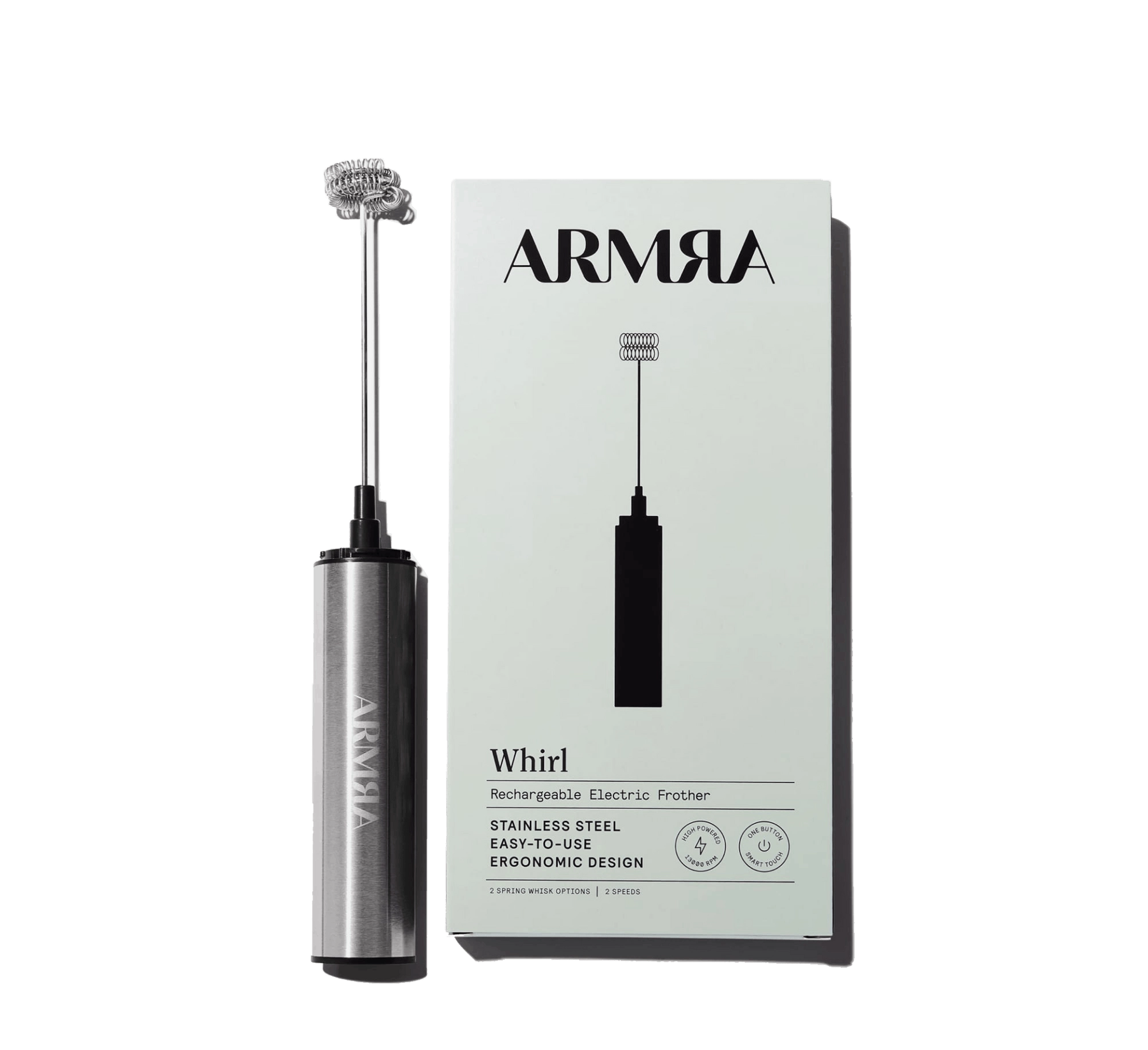 The ARMRA Whirl frother next to its box