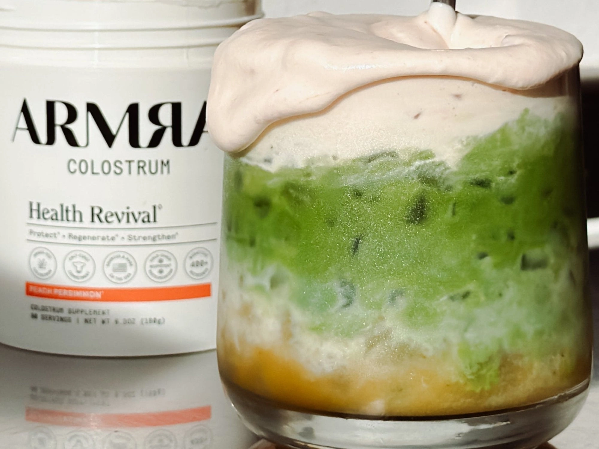 ARMRA® Peach Persimmon Matcha with Cold Foam