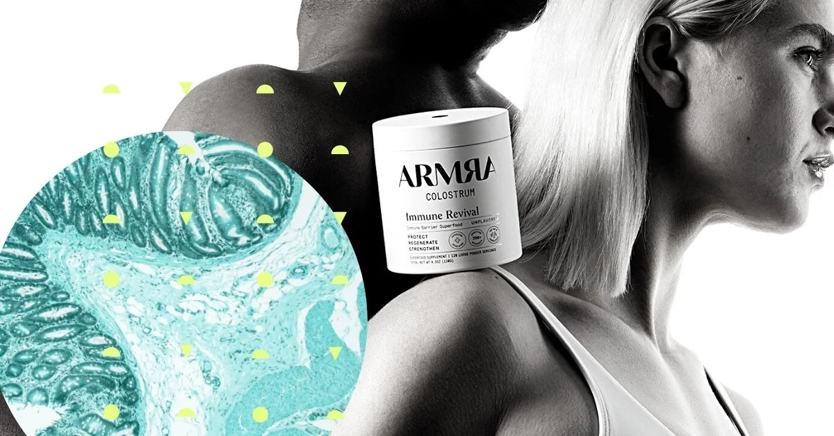 ARMRA Colostrum jar between a marbled texture and a woman in profile
