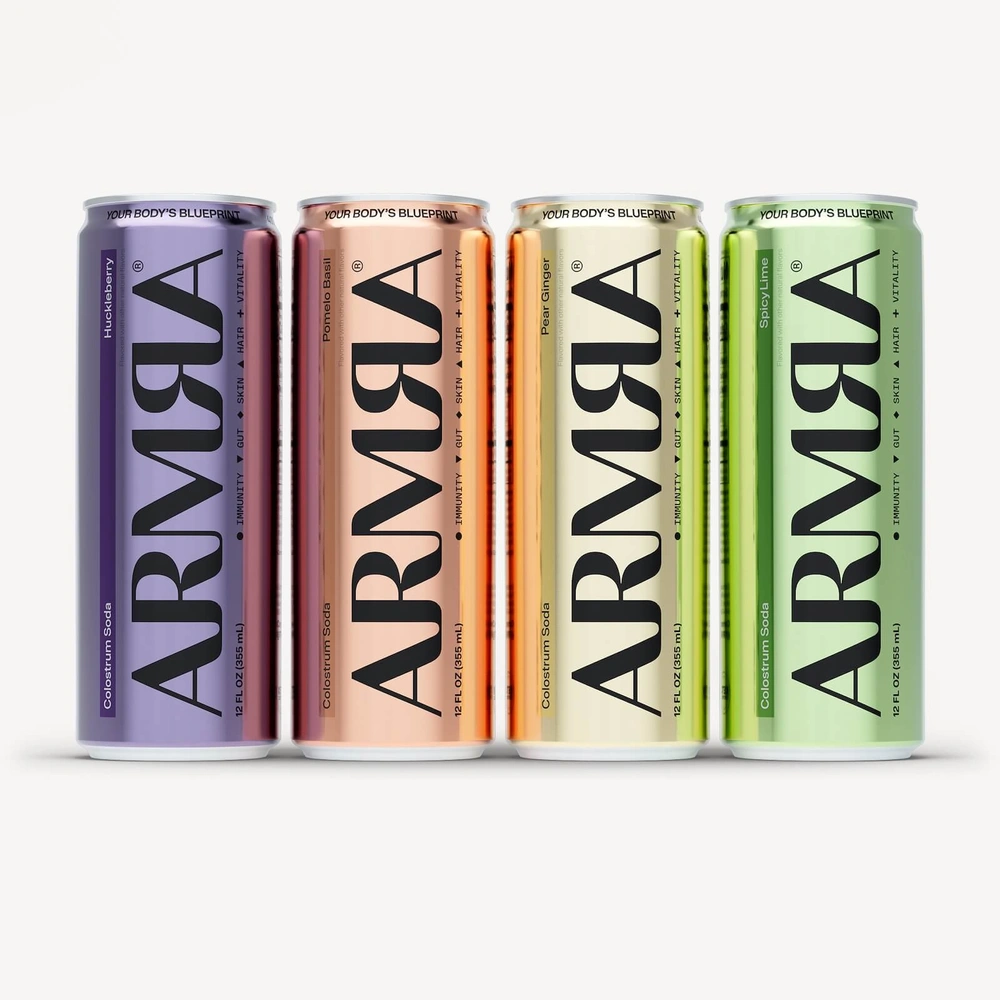 ARMRA Colostrum Soda Variety 12 - Pack - ARMRA Colostrum - Huckleberry, Pomelo Basil, Pear Ginger, Spicy Lime